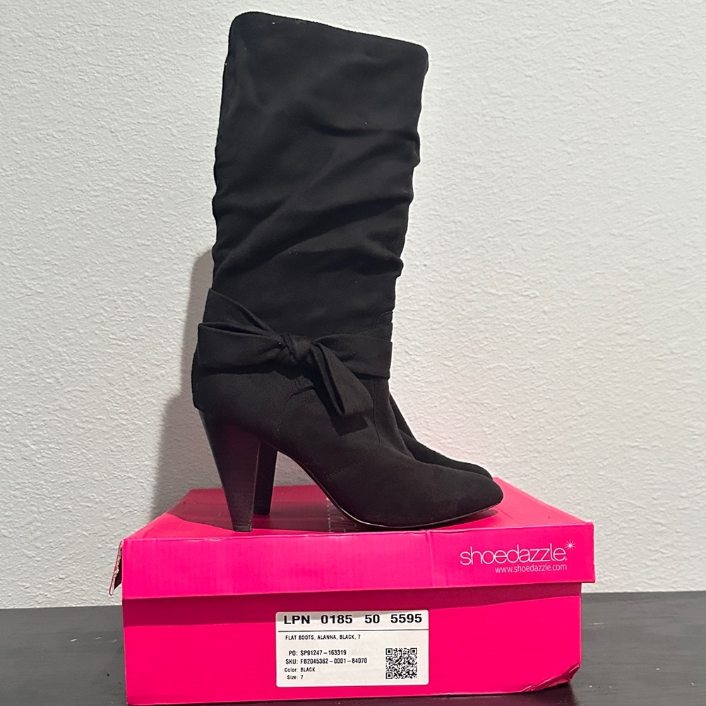 Shoe Dazzle Black Mid-Calf Slouch Heeled Boots with Knot Accent